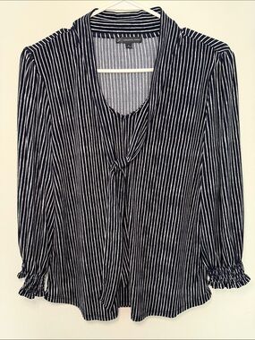 Adrianna Papell Navy & White Vertical-Striped Tie-Neck Blouse
